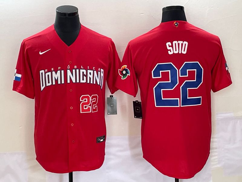 Men 2023 World Cub Dominicana #22 Soto Red Nike MLB Jersey3
